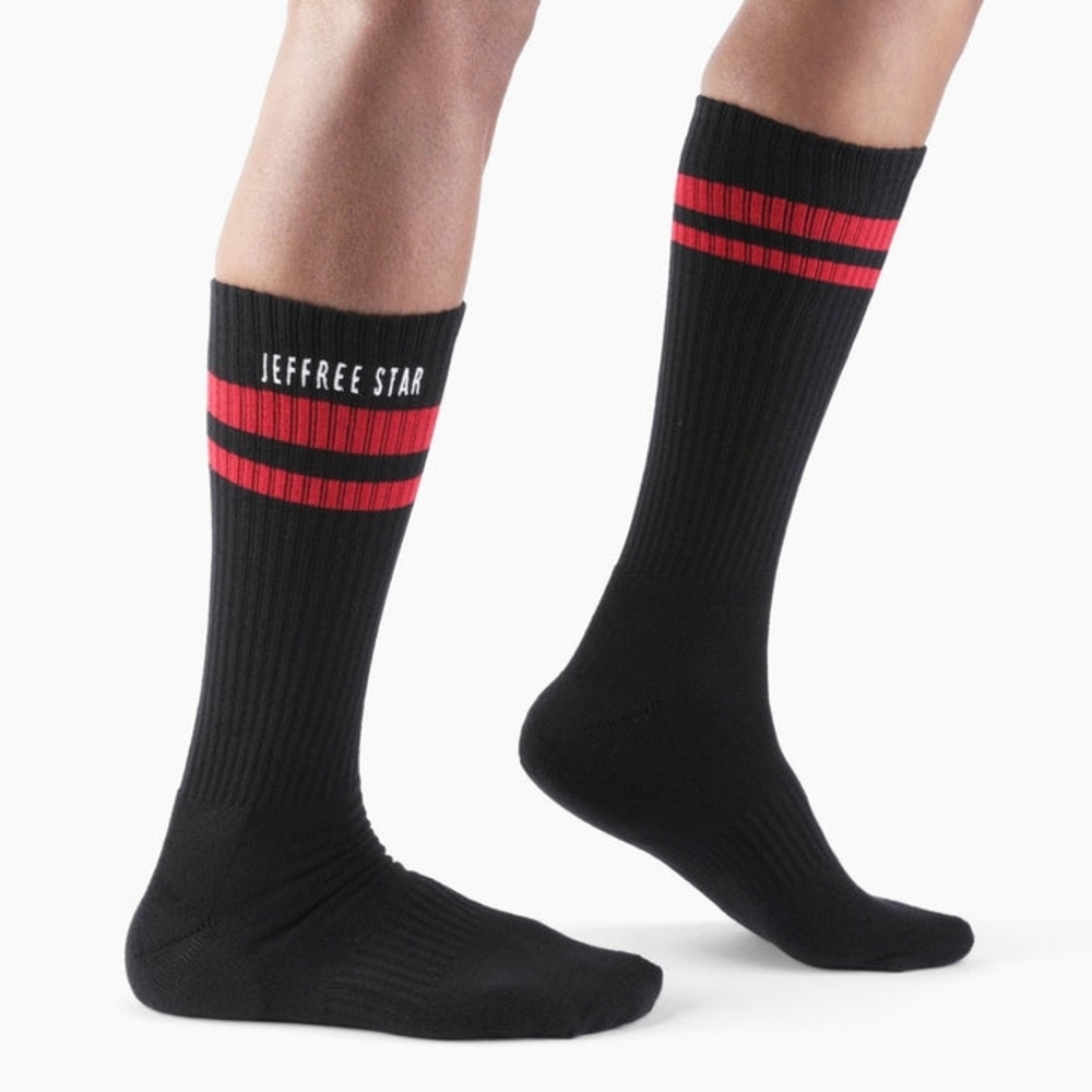 NEW Jeffree Star Crew Socks Black And Red Knit Embroidered Fashion